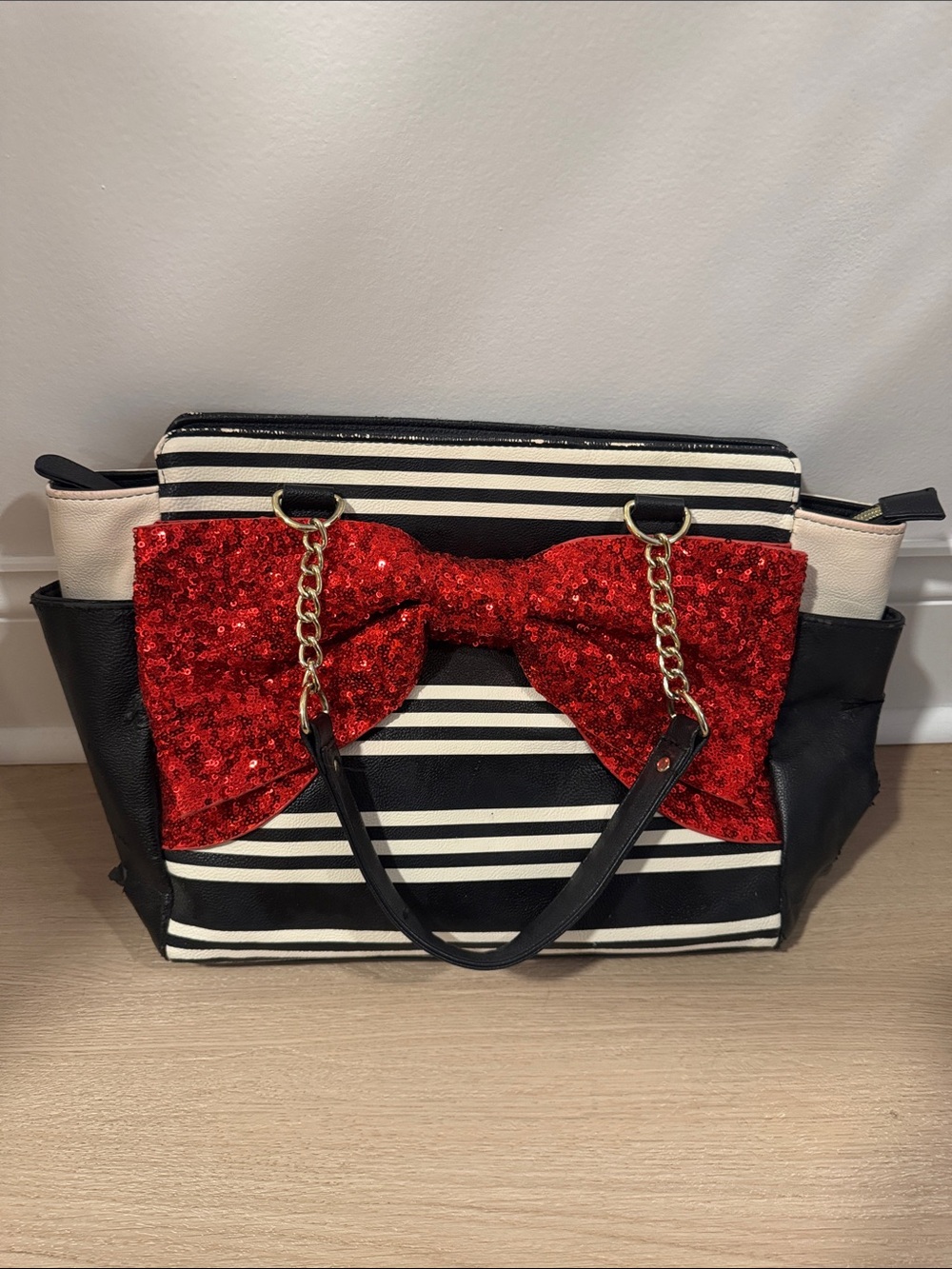 Betsey Johnson Striped Black & White Tote with Red Sequin Bow Accent